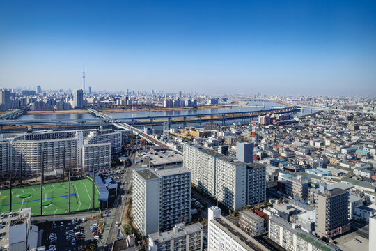 高高層ビル群と広大な住宅街が広がる関東の都市風景