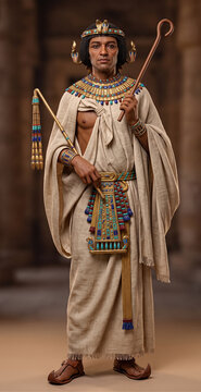 Ancient Egyptian Pharaoh holding a crook and flail in royal ceremonial attire
