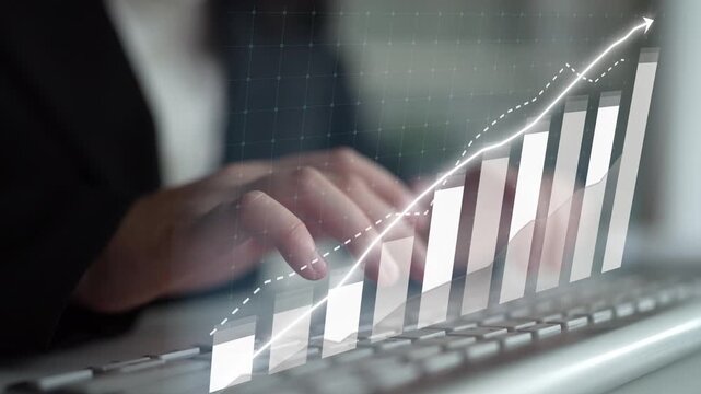 A business professional engaged in data analysis on a digital device, featuring a growth graph overlay. This image captures modern workspace dynamics and productivity. Copula