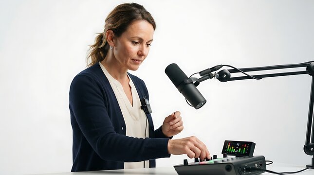 A woman recording a podcast in a professional studio with a microphone and soundboard
