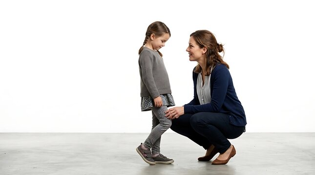 A woman crouches down to talk to a young girl in a plain room