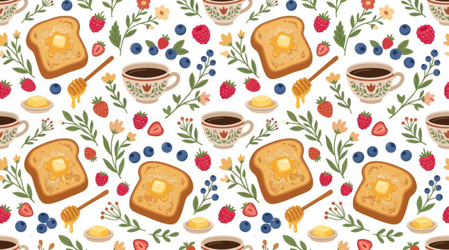 Whimsical Breakfast Pattern with Toast and Berries