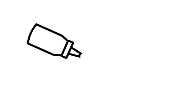 Black outline animation of a squeeze bottle dispensing a drop of sauce or liquid on a white background. Minimalist cooking condiment icon.