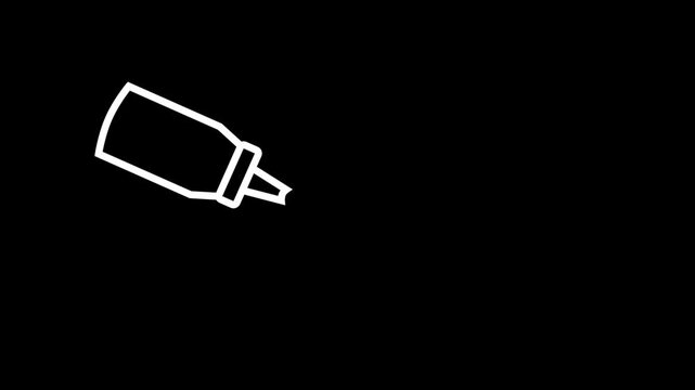 White outline animation of a squeeze bottle dispensing a drop of sauce or liquid on a black background. Minimalist cooking condiment icon.