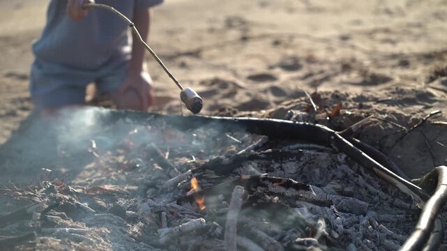 Child roasting marshmallow over campfire on sandy beach. Sunny outdoor summer camping lifestyle moment with smoke and flames.