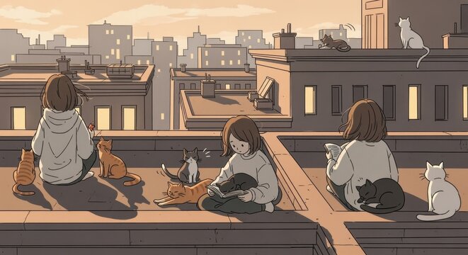 Continuous rooftop animation in minimalist lofi aesthetics capturing peaceful moments between a girl and cats.