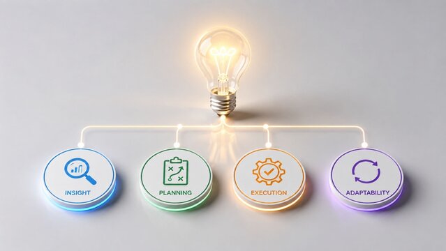 Business Strategic Process with Glowing Light Bulb and Four Icons for Insight Planning Execution and Adaptability