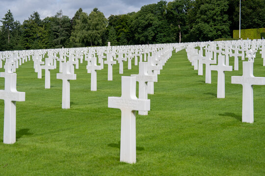Luxembourg, Luxenbourg - 21 Jul 25: Rows of White Crosses at Luxembourg American Cemetery