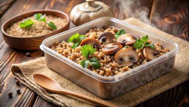 A steaming container of buckwheat with sauted mushrooms nestled in a brown paper lunch box serene and wholesome