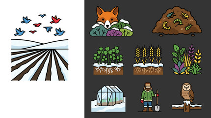 Fototapeta premium Flat design icon set illustrating seasonal nature and agriculture concepts, including winter fields, fox, compost, plants, and greenhouse.