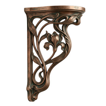 Decorative wall bracket or corbel with an intricate floral iris carving, finished in a dark copper patina on a clean white background isolated on a transparent background