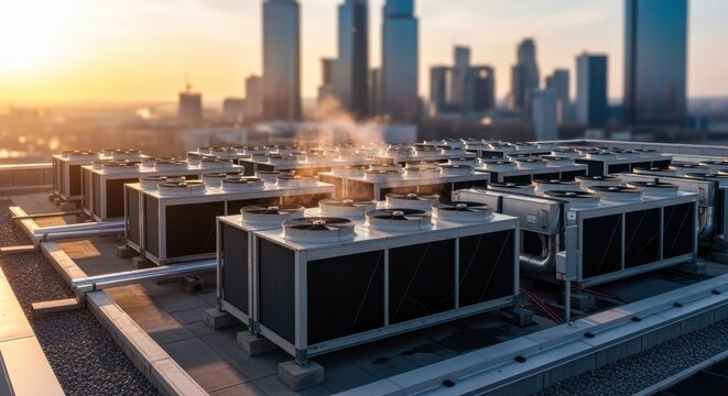 Elevated view of multiple condenser units arranged on rooftop efficient heat dissipation for climate control.