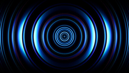 Fototapeta premium Blue neon singularity forming deep abstract circular vortex in dark space for technology concept. Glowing curved 3d lines spiral inward creating sense of motion and infinity for innovation visuals