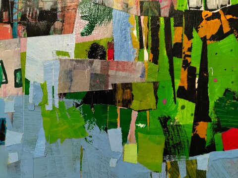 Title: Green and Orange Abstract Collage with Pink Detail