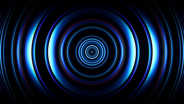 Blue neon singularity forming deep abstract circular vortex in dark space for technology concept. Glowing curved 3d lines spiral inward creating sense of motion and infinity for innovation visuals