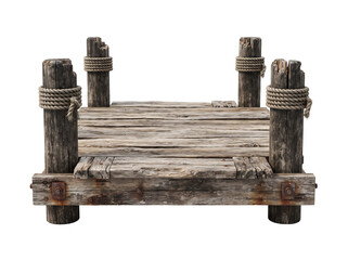 Fototapeta premium Rustic Weathered Wooden Dock Pier Section with Ropes Isolated on Transparent Background