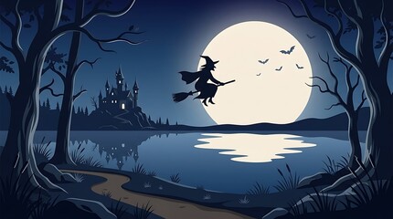 Fototapeta premium Silhouette of a witch flying on a broomstick in front of a large full moon over a dark lake