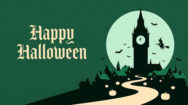 Happy halloween illustration featuring big ben and a spooky path with pumpkins under a full moon at night