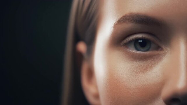 Extreme Close-up of Young Woman's Eye and Flawless Skin Texture, Smooth Complexion and Eyelashes, Skincare and Beauty Concept, Full HD 1080p