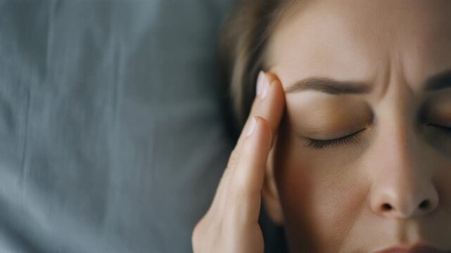 Close-up of Woman Lying in Bed Suffering from a Severe Headache, Touching Temple with Eyes Closed, Health and Pain Concept, Full HD