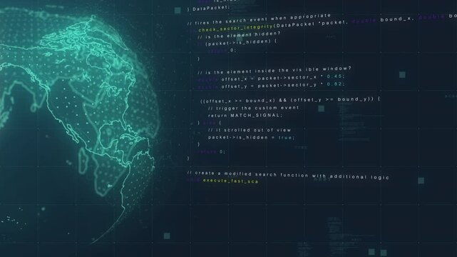 Glowing digital globe map with code overlay and futuristic earth data