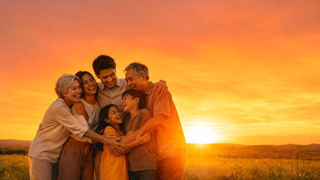 happy multi generational family hugging together in field at sunset