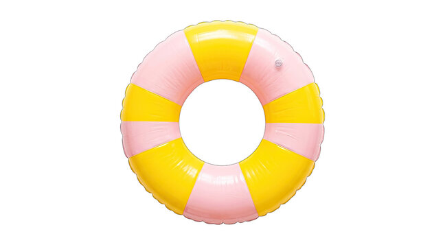 Pink and yellow striped inflatable swim ring for summer beach vacations and pool party activities.