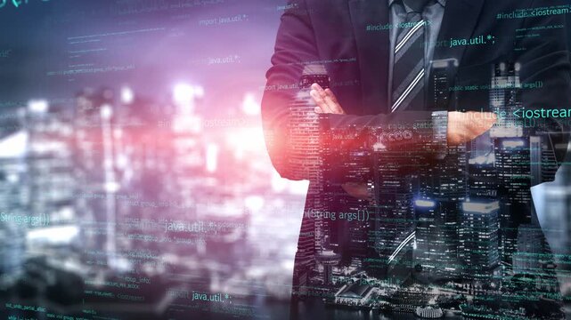 A business professional stands confidently against a vibrant city skyline infused with digital code, illustrating the intersection of finance and technology in modern industry. Xenic