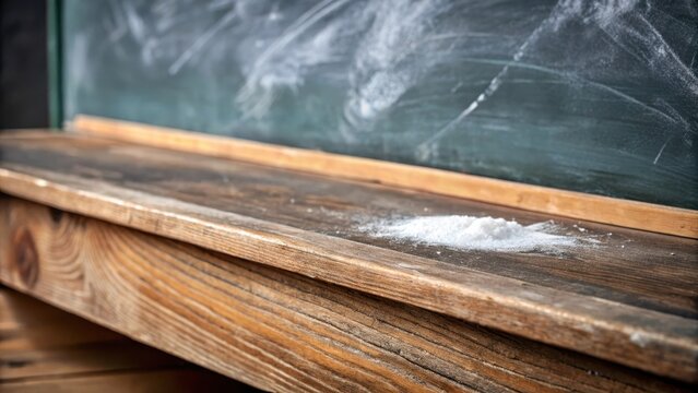A sprinkle of white chalk dust clings to the worn edges of a old blackboards weathered surface tonight