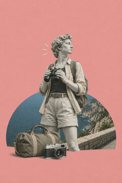 Ancient statue traveller using binoculars on a coastal viewpoint for summer holiday adventure