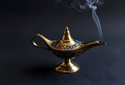 Golden aladdin magic lamp with colorful jewels and smoke rising from the spout on a dark background, the golden lamp is adorned with colorful jewels, ancient oriental culture and mystery