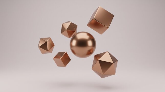 Abstract Geometric Shapes In Copper Material Floating In Space