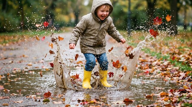 Joyful child in yellow boots splashing in autumn puddle with falling leaves