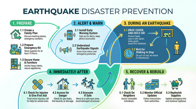 Infographic showing earthquake disaster prevention and recovery steps.