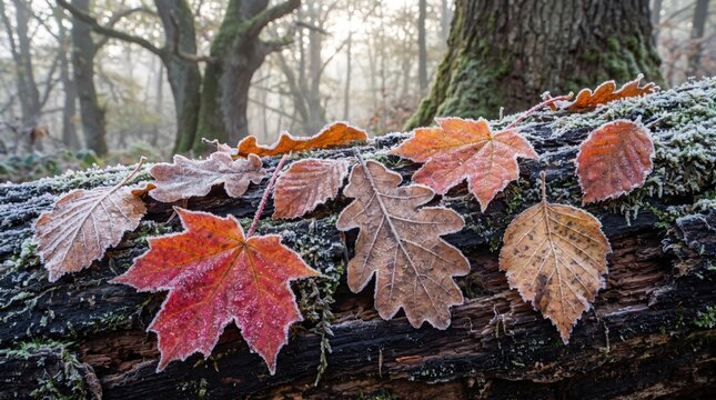 Autumn leaves covered in frost resting on a mossy log in a misty forest