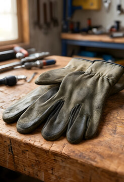 Worn leather work gloves on a rustic wooden workbench with blurred tools in a workshop background
