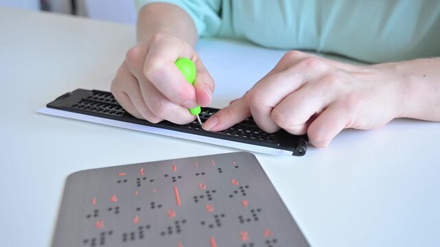 A blind woman writes in Braille using a stencil on a piece of paper. 