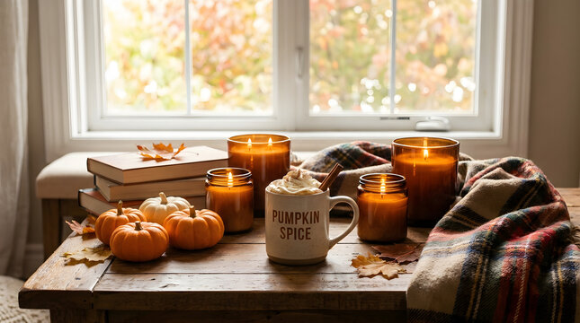 Cozy autumn still life pumpkin spice latte candles and fall decor on a window sill