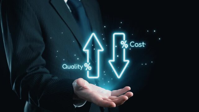 A businessman stands confidently, holding a glowing animated graph showing an upward trend in quality and a downward trend in cost, symbolizing efficiency. Qubit