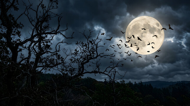 Eerie halloween nightscape silhouetted trees and bats against a full moon