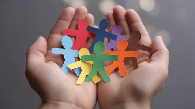 向かい合う両手の間で多彩な人型紙人形が重なりながら並ぶ