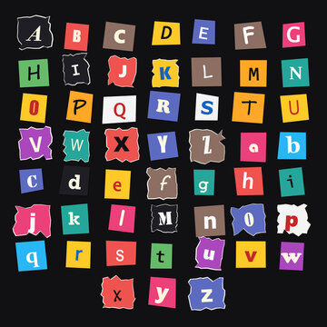 Ransom note alphabet set featuring colorful paper cutouts of letters with torn edges on a solid black background surface