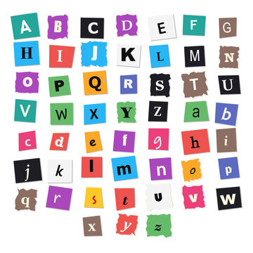 Ransom note style alphabet with colorful paper cutouts of letters arranged on a dark black background, texture surface