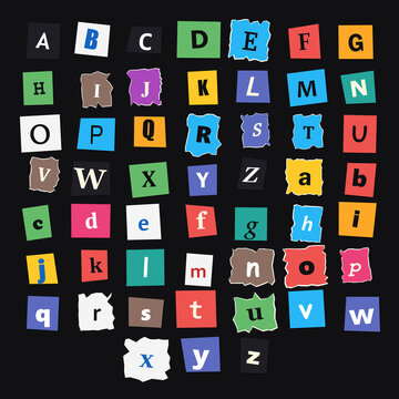 Alphabet collection featuring colorful ransom note style letters cut from magazines on a solid black background surface