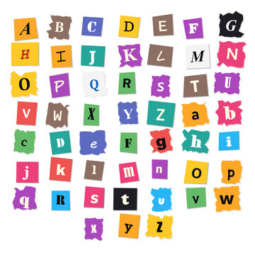 Ransom note style alphabet with torn paper edges featuring various colorful letters arranged on a solid black background