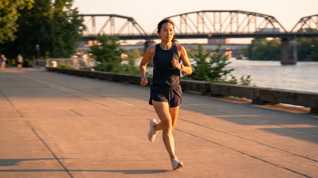 Fit Asian Woman Running Urban Riverside Path Golden Hour Determination City Bridge Fitness	