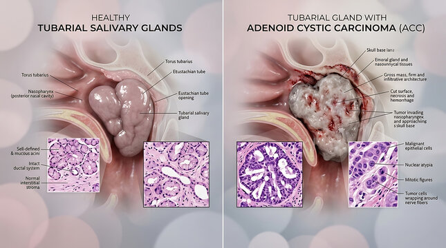 Healthy Tubarial Salivary Gland Versus Adenoid Cystic Carcinoma Cribriform Pattern and Perineural Invasion