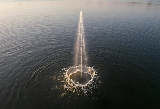 Water fountain jet spraying upwards from a lake surface, creating a splash and ripples in the calm water