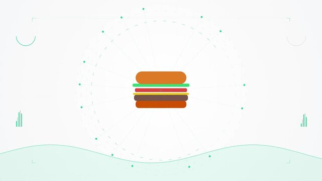 Modern flat design illustration of a classic hamburger, surrounded by abstract digital elements on a light background, ideal for contemporary food branding and digital media