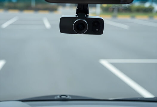 Dash cam mounted on a car windshield, recording the road ahead in a parking lot, vehicle safety and security technology